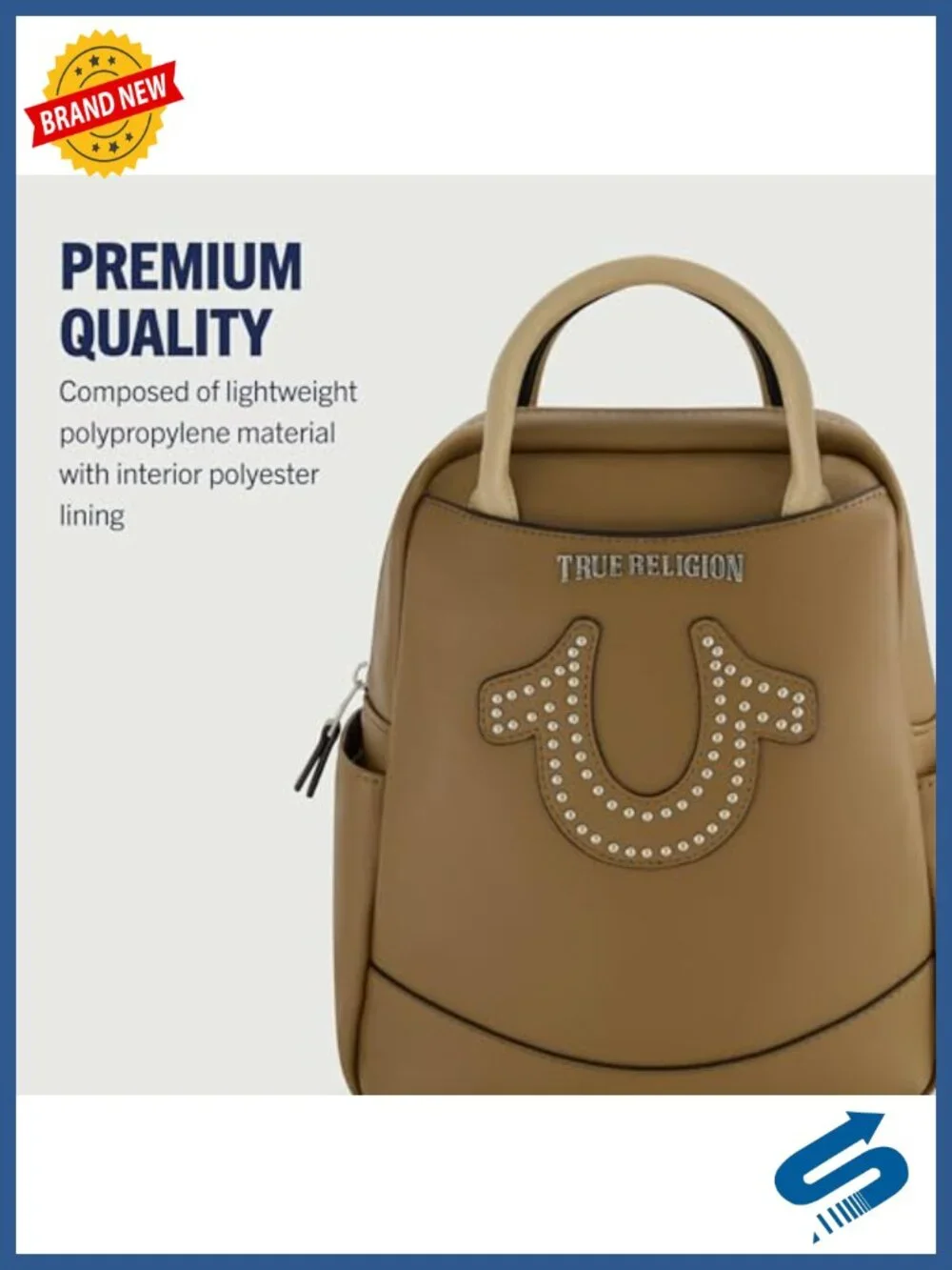 True Religion Mini Backpack, Polyurethane, Studded Horseshoe Logo, Adjustable